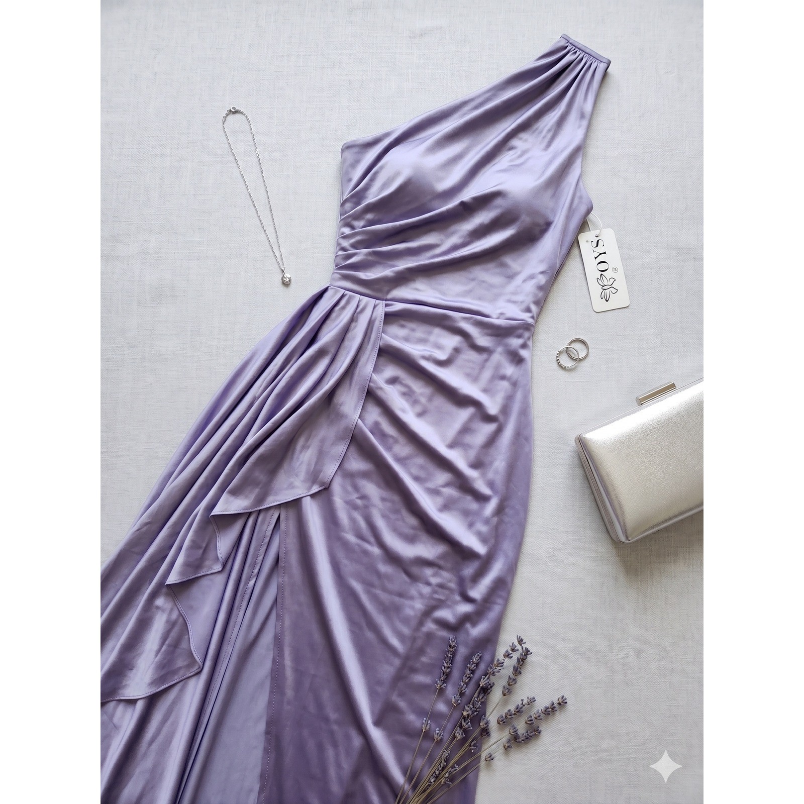 OYS One Shoulder Maxi Dress Womens S Lavender NWT Ruched High Slit Formal Gown