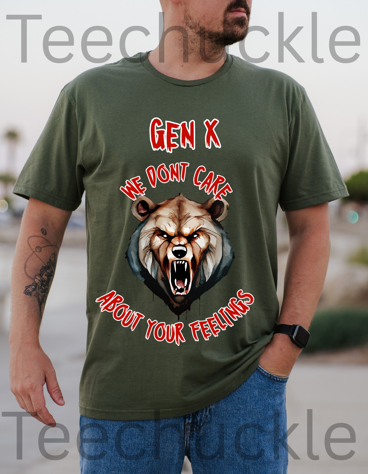 Sarcastic Gen X Dark Shirt We Dont Care About Your Feelings Bear Tee, Badass Gen