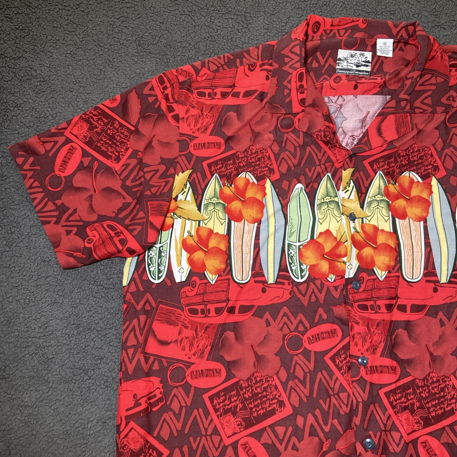 Vintage Pineapple Connection Hawaiian Shirt Men Size XL Rayon Surfing Boards Red