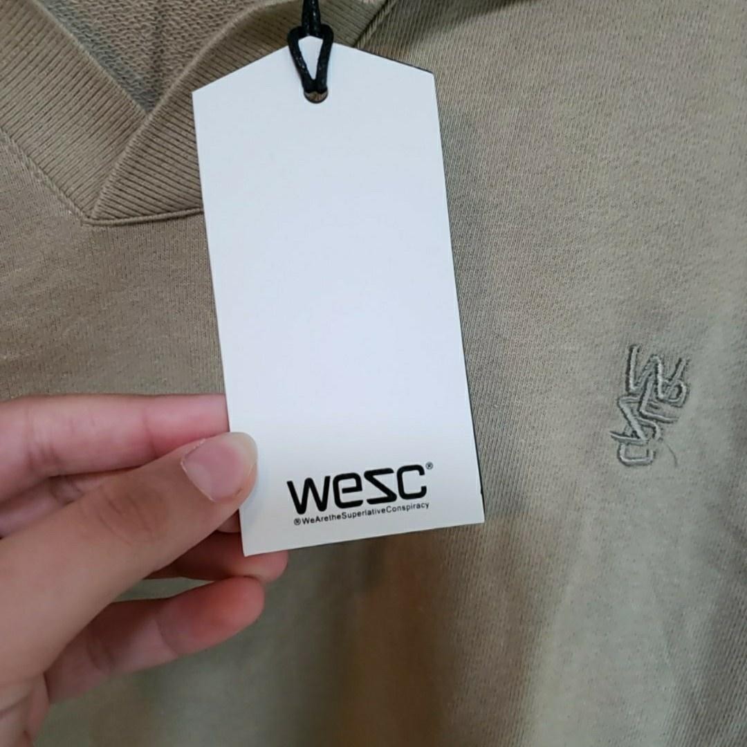 WeSC Sweatshirt Mens Large Beige Collared Pullover Knit Embroidered Logo