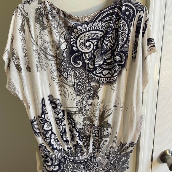 Navy White Paisley Medallion Blouson Top Smocked Waist Dolman Sleeve Boho