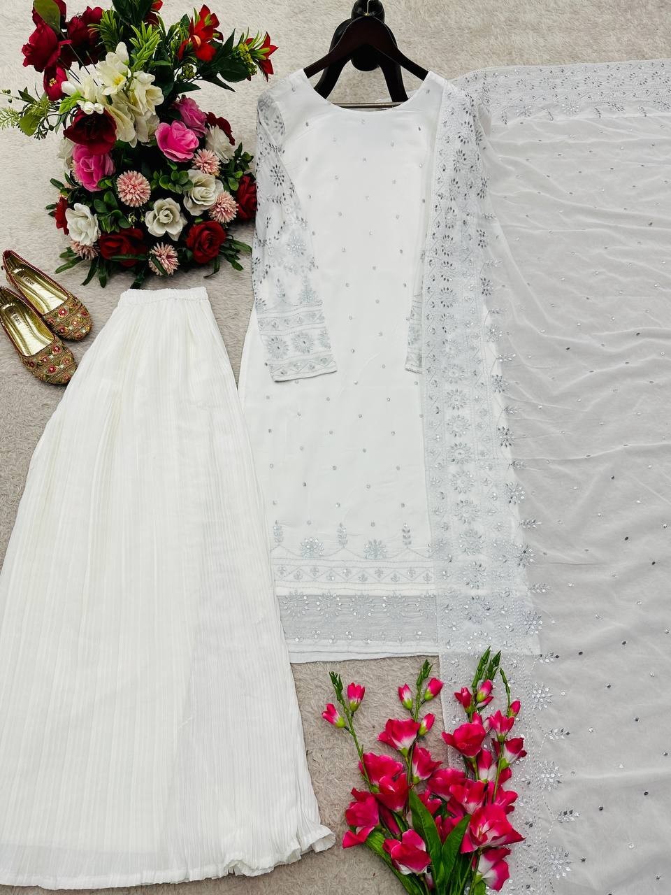 Unique Designer White Faux Georgette Kurta Palazzo With Dupatta For Women