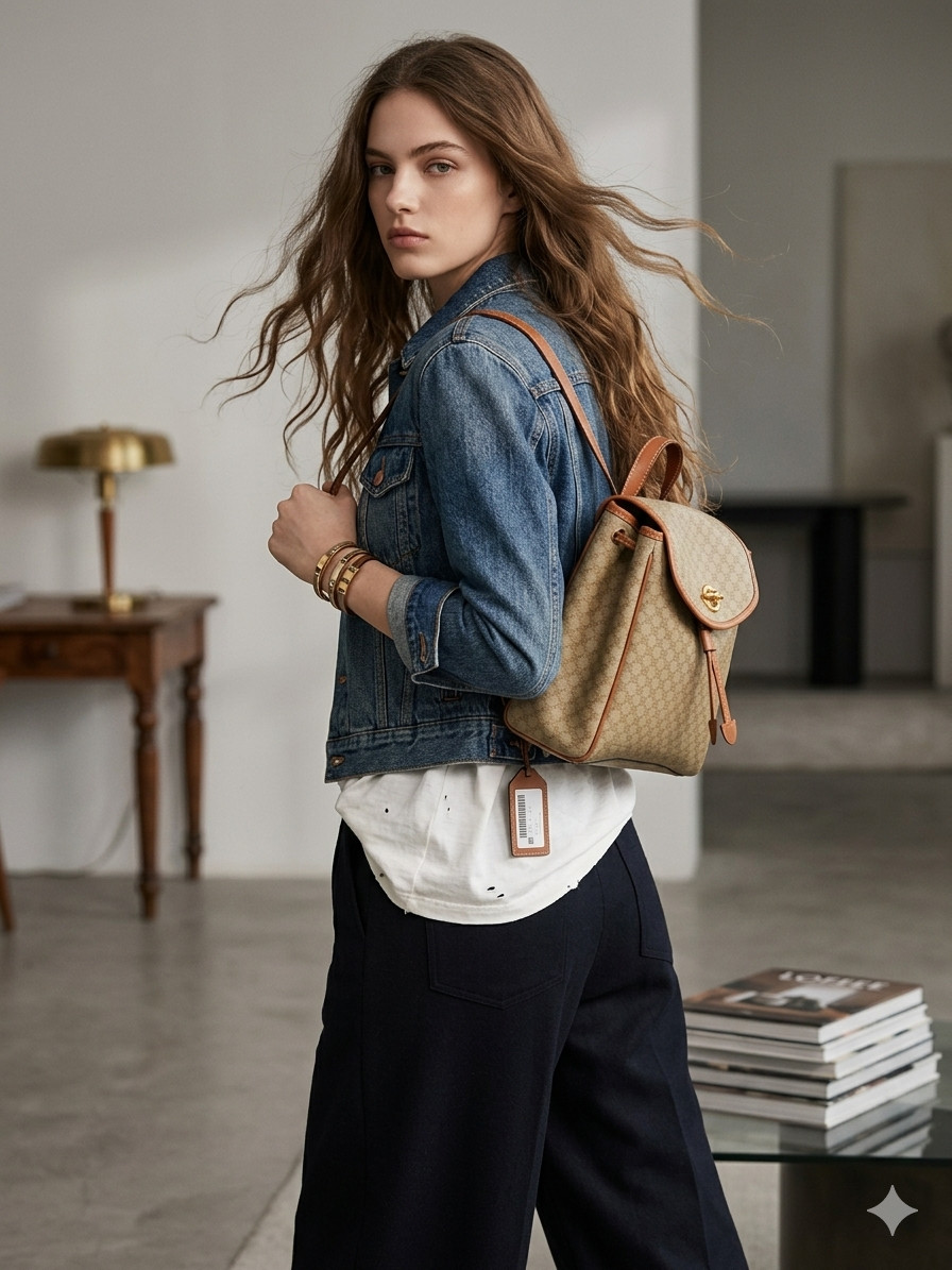 Rare Auth CELINE Vintage Beige Macadam Canvas Backpack – Monogram Rucksack Purse