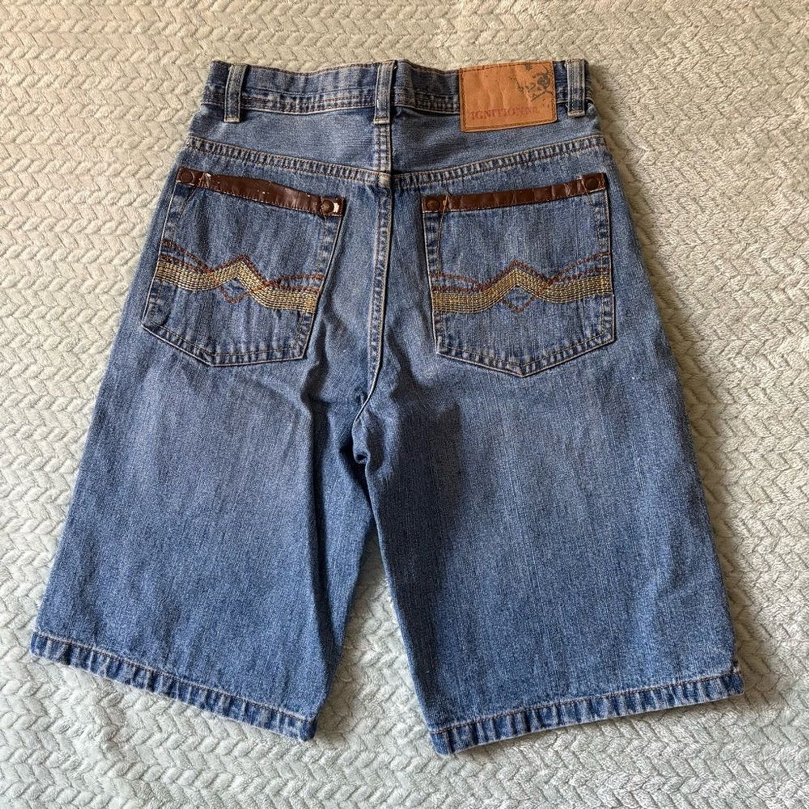 Vintage Y2K Ignition Blue Baggy Jorts – Embroidered Denim Shorts Sz 25 Grunge