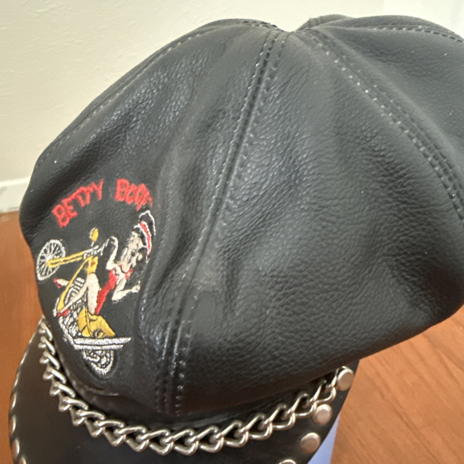 Vintage 1995 Genuine Leather Betty Boop Motorcycle Hat with metal accents
