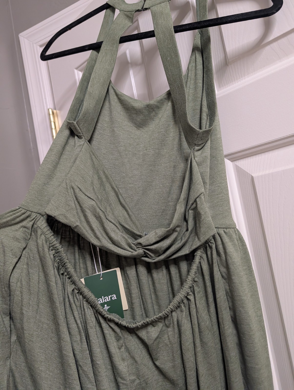 Halara Women’s Green Halter Twist Front Knit Stretch Jumpsuit Relaxed Fit L