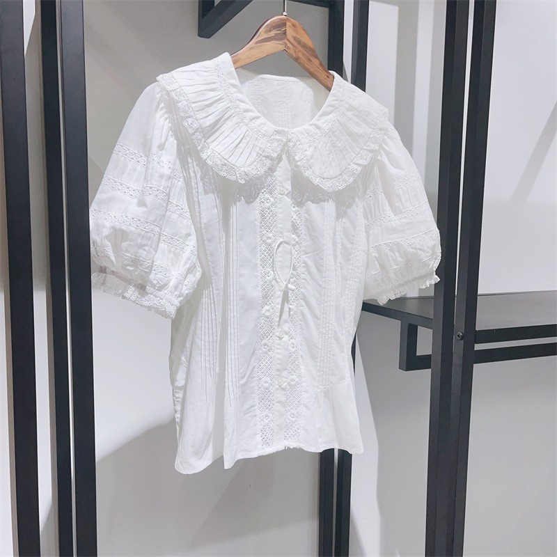 Doen Womens June Pleated Short Sleeves White Salt Cotton Blouse Tunic Top Size M
