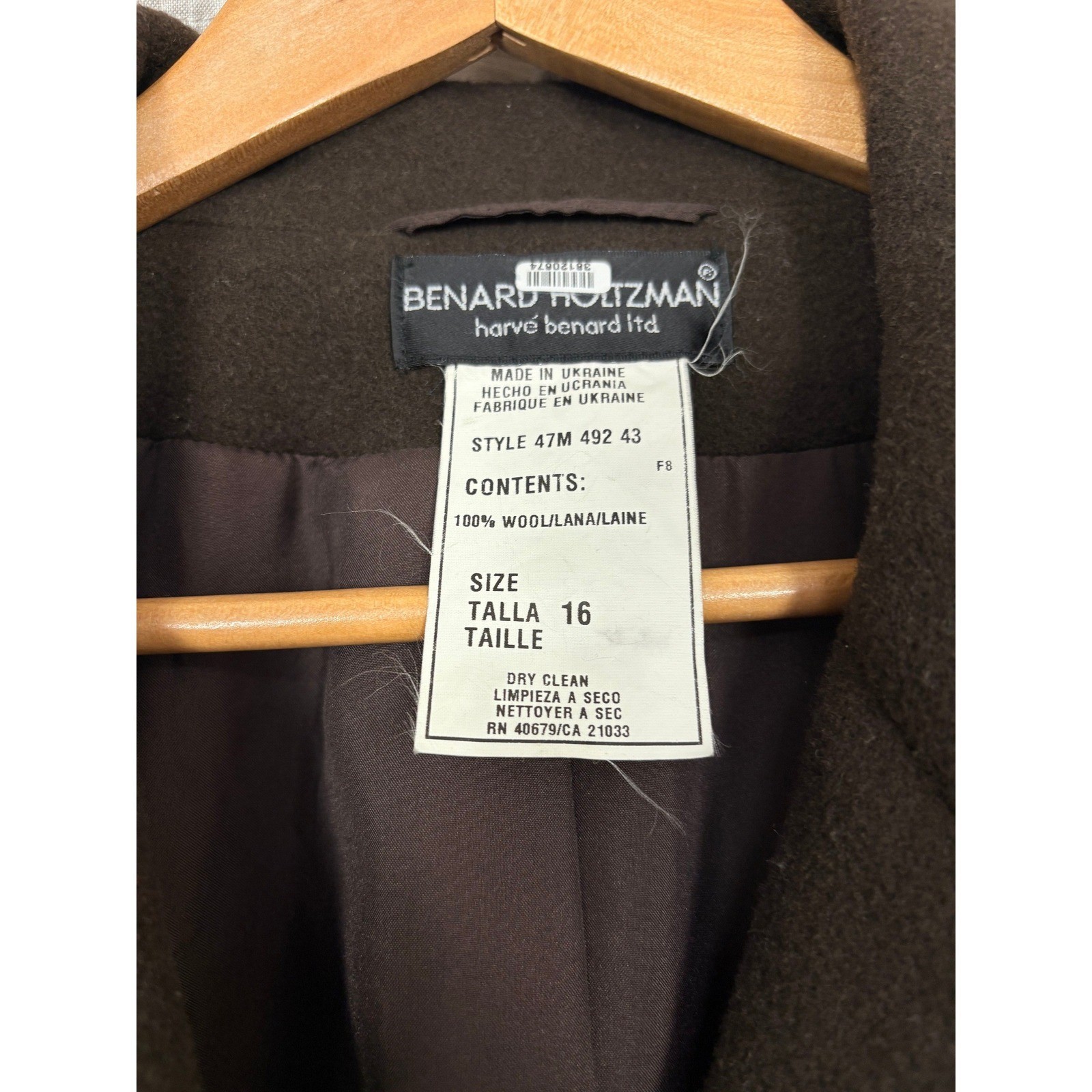 Benard Holtzman Harve Benard Brown 100% Wool Double Breasted Long Coat Mens 16