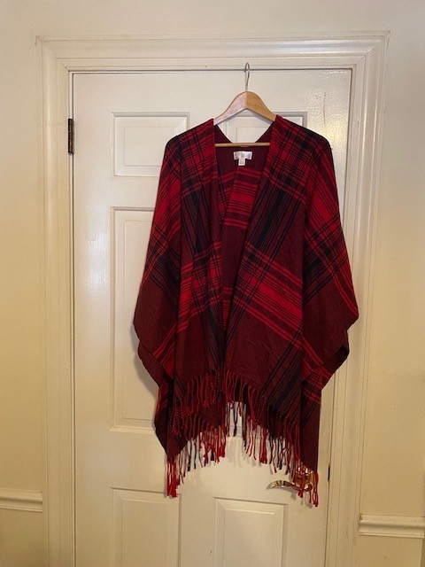 Kim Gravel red plaid wrapped shawl, elegant for any season qvc clothing