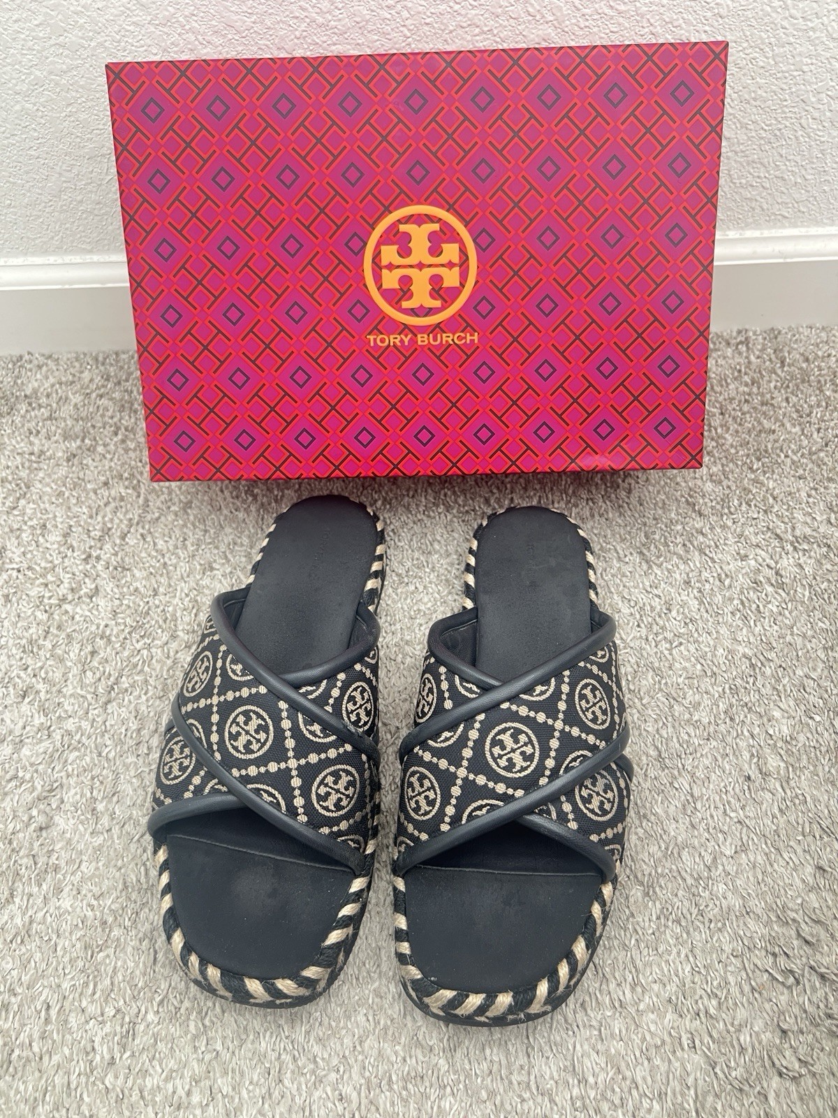 Tory Burch T Monogram Cross Espadrille Slide Sandal Navy Blue Sz10