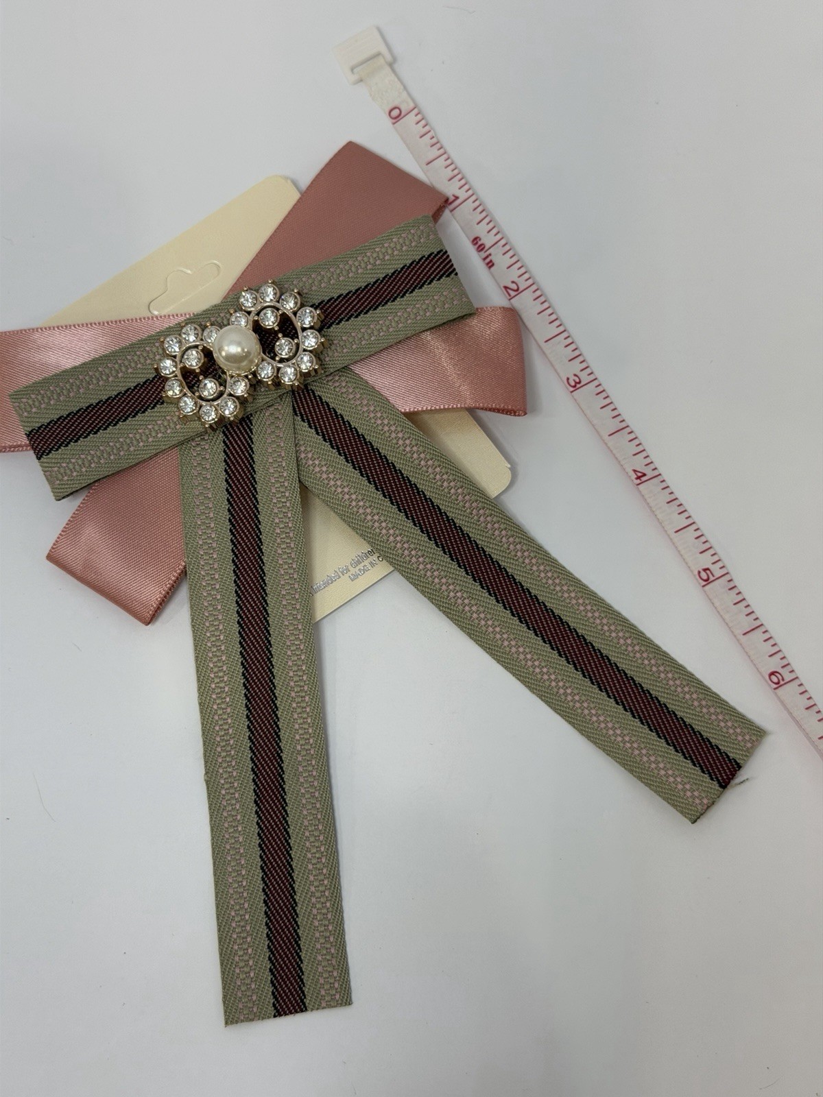 Brooch Bow Striped Pink Fabric with Rhinestone and Pearl Accents Embellishments