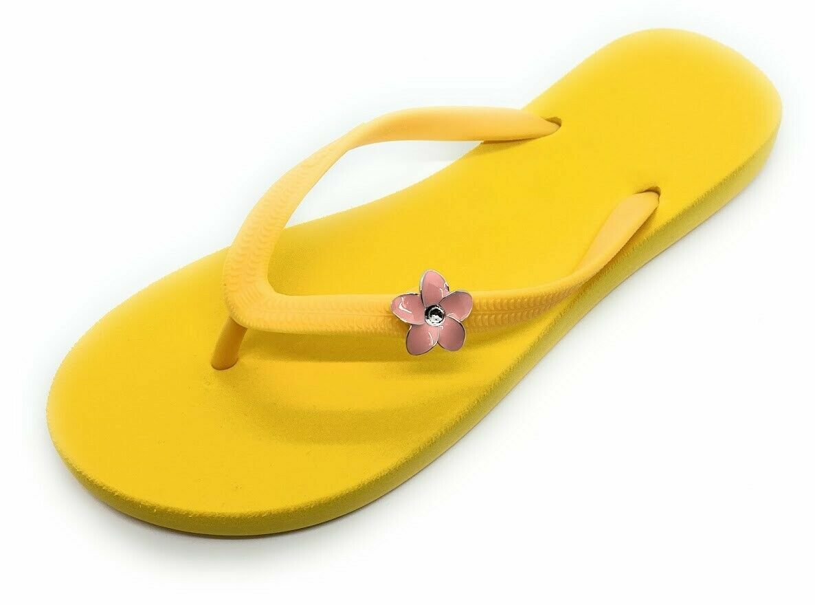 Popits Women Yellow Super Cozy With Pink Flower Flip Flops ~ Choose Size