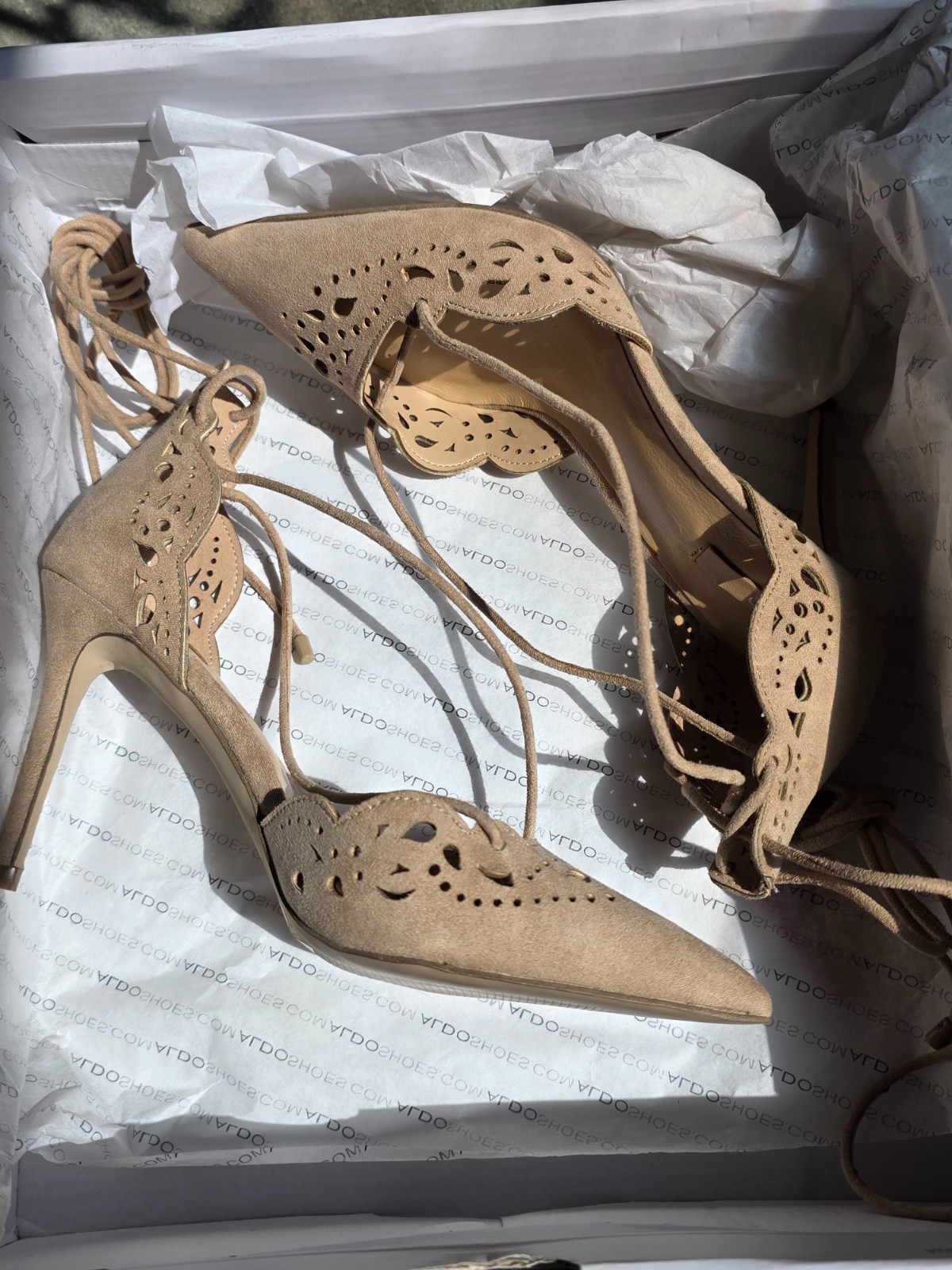 ALDO Antoinette Size 6 Nude Beige Suede Lace Up Stiletto Heels Pumps Never Worn