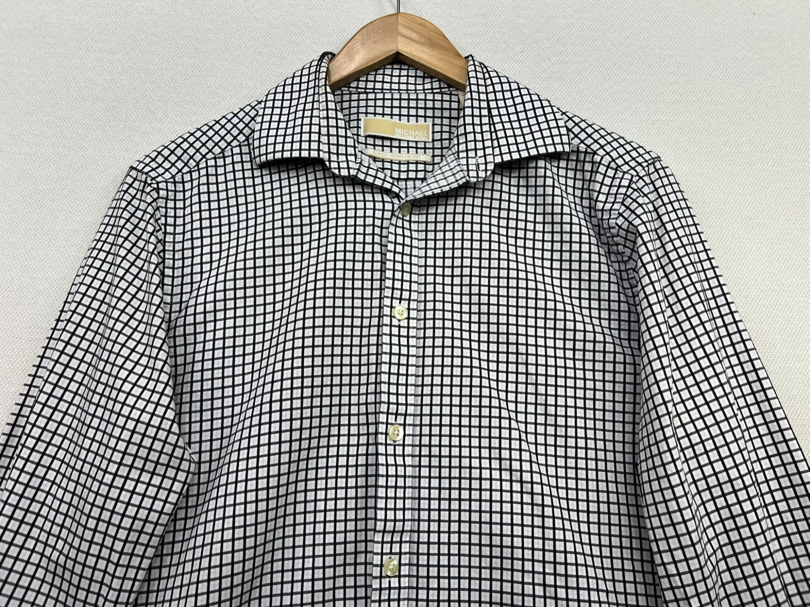 Michael Kors Mens Slim Fit Button-Up Shirt Long Sleeve M 15.5 White Black Check