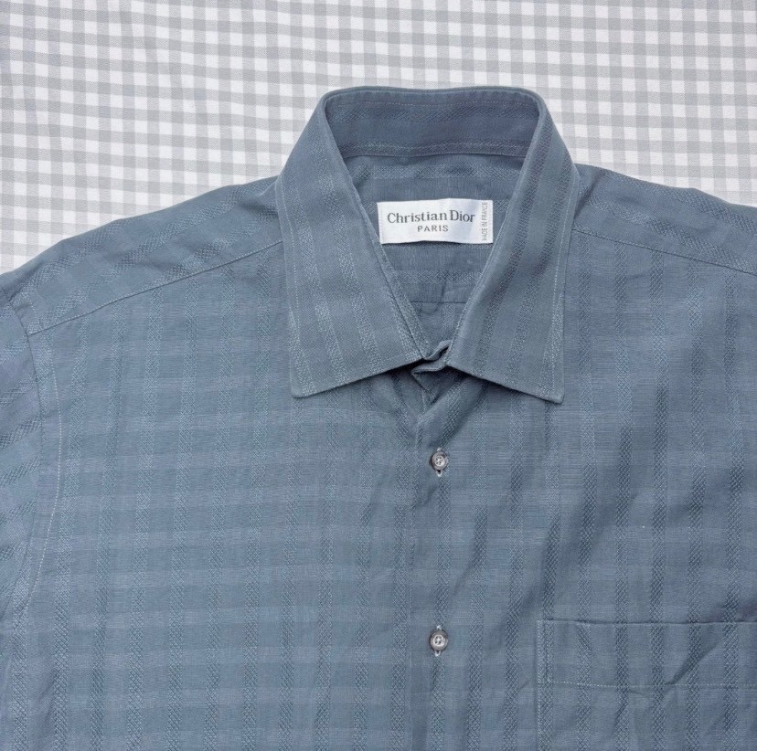 Vintage Christian Dior Paris French Made Textured Cotton Blue Dress Shirt