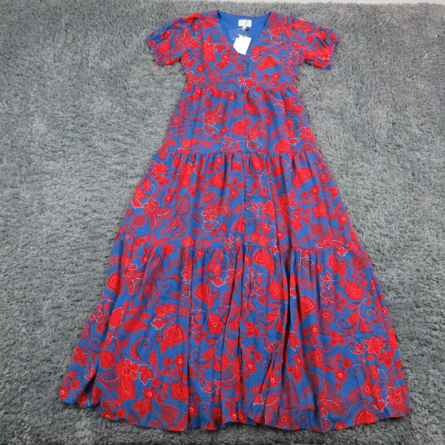 Sugarlips Dress Womens S Blue Floral Maxi V-Neck Puff Sleeve Lined NWT