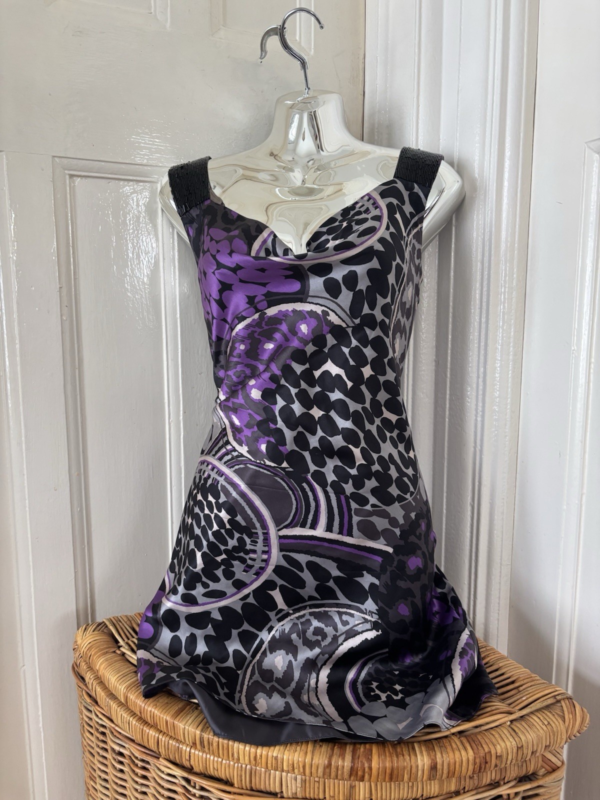 Vintage Ted Baker London 100% Silk Dress Sz 2 UK 10 Y2K Beaded Straps Purple