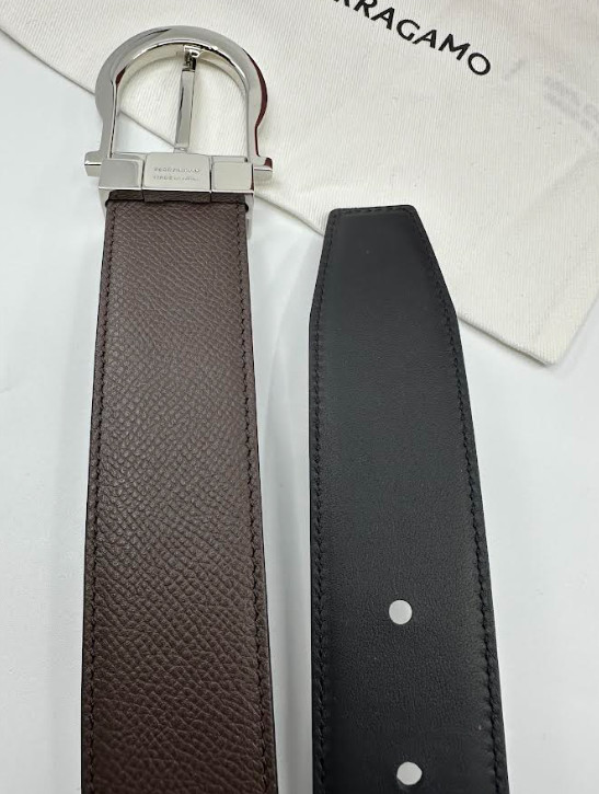 ADJUSTABLE REVERSIBLE DARK BROWN TO BLACK SALVATORE FERRAGAMO BELT SILVER BUCKLE