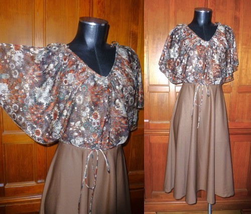 VTG 70’s Silky Jersey knit Caramel Brown Cape Lace boho Belted Fit Flare DRESS