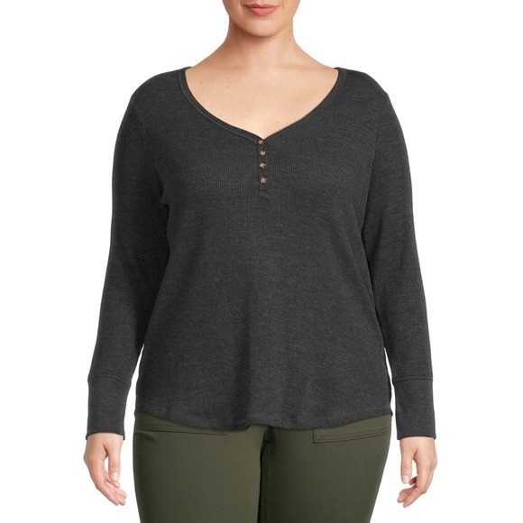 Terra & Sky Womens 1X Plus Black Soot Waffle Knit Henley Long Sleeve Top NEW