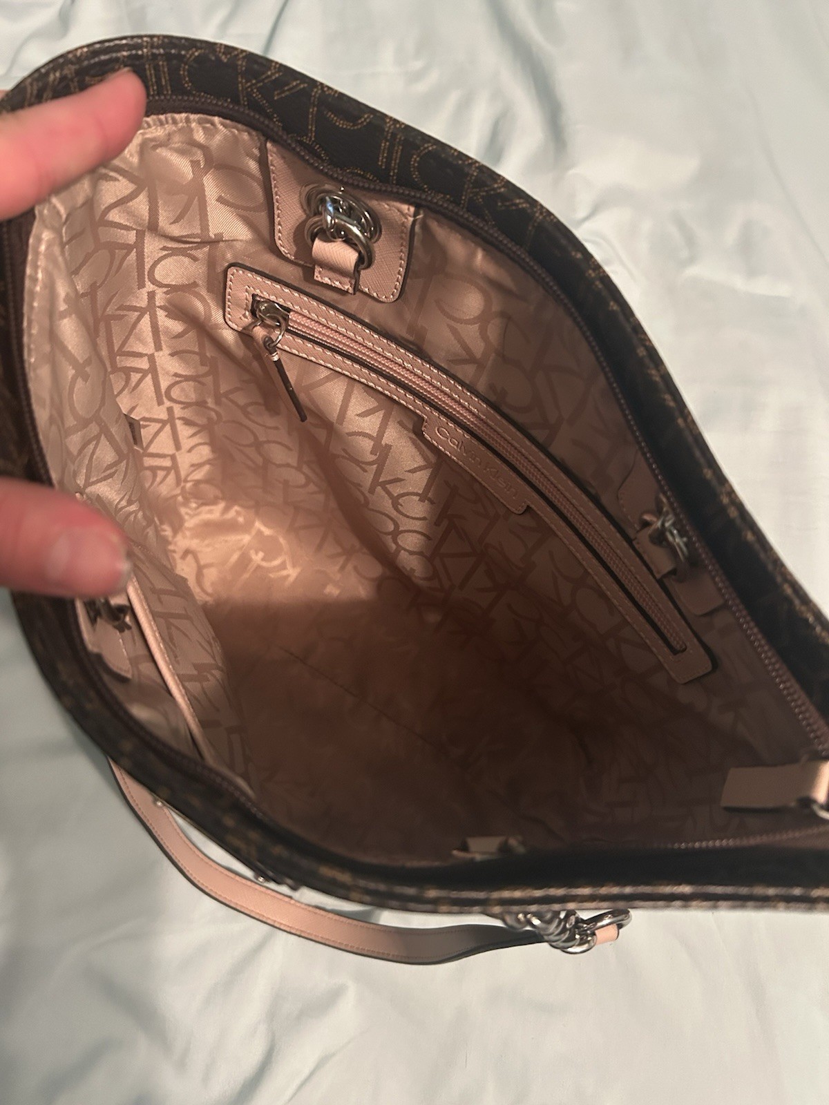 Calvin Klein Brown Logo Tote Bag Zip Closure Double Handles Lined Pockets