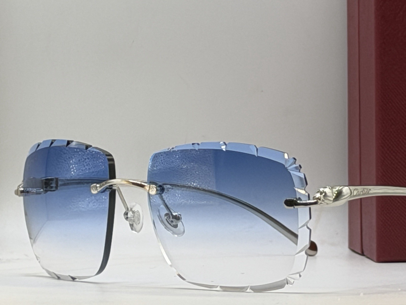 Cartier Panthere CT0061O 60mm Diamond Cut Gradient Blue Lens Silver Sunglasses