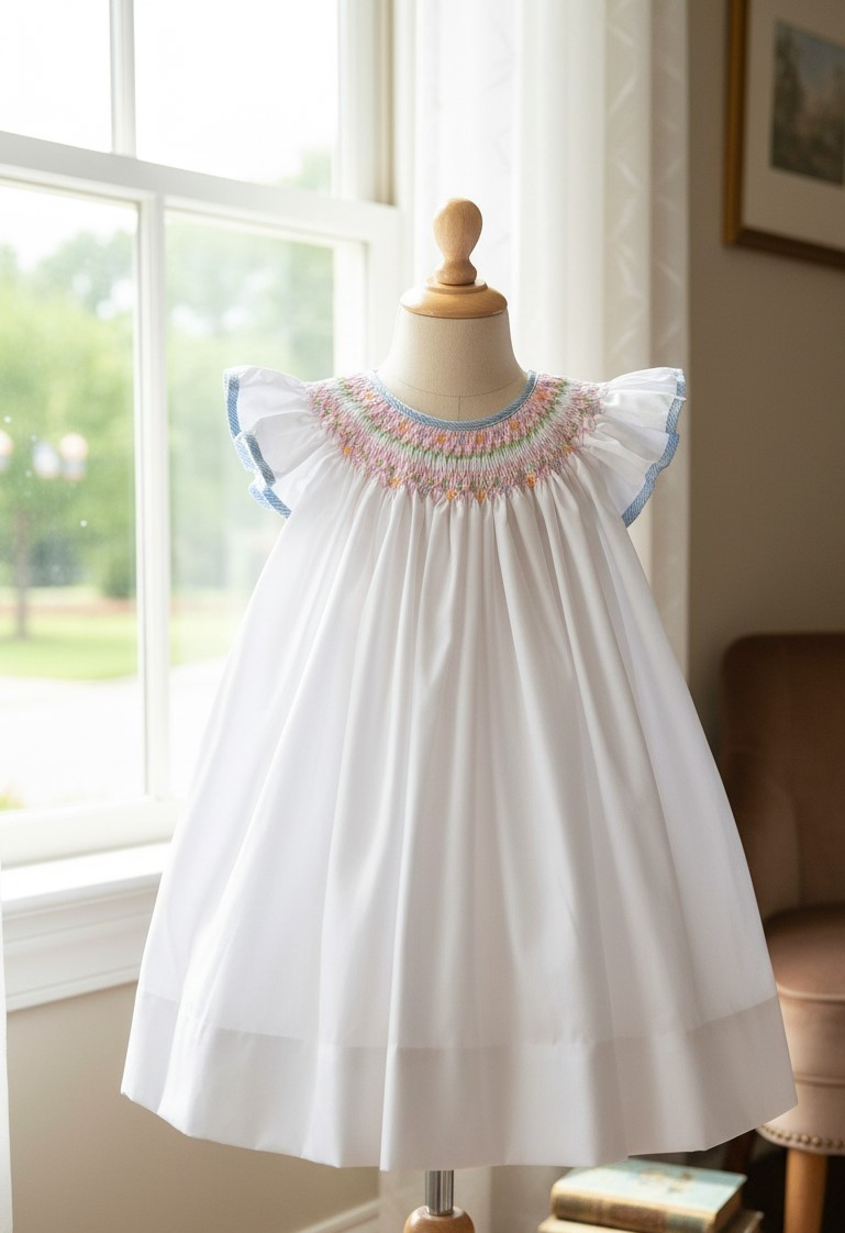 NWT Petit Ami White Blue Smocked Bishop Dress 2T Toddler Girls 2 Year Angel Wing