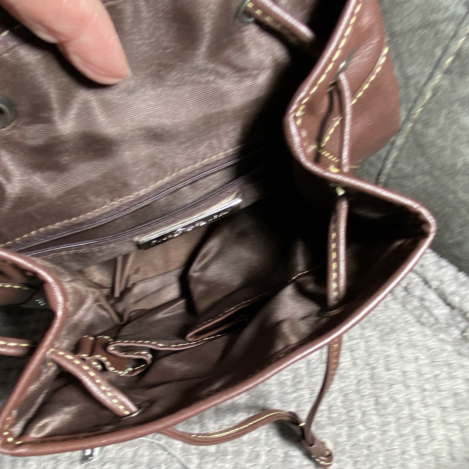 Preston & York Brown Drawstring Backpack, Turn Lock, Lined Inner Pockets