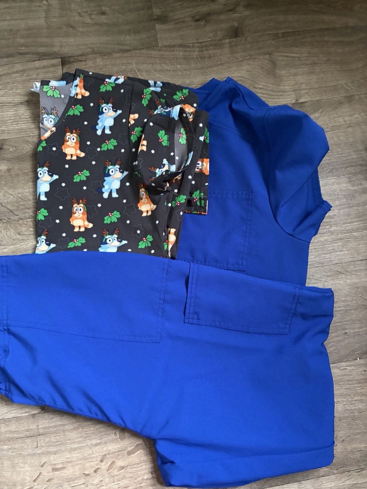 Scrubstar Blue Solid & Cartoon Patterned Scrubs Set Top Pants Medical