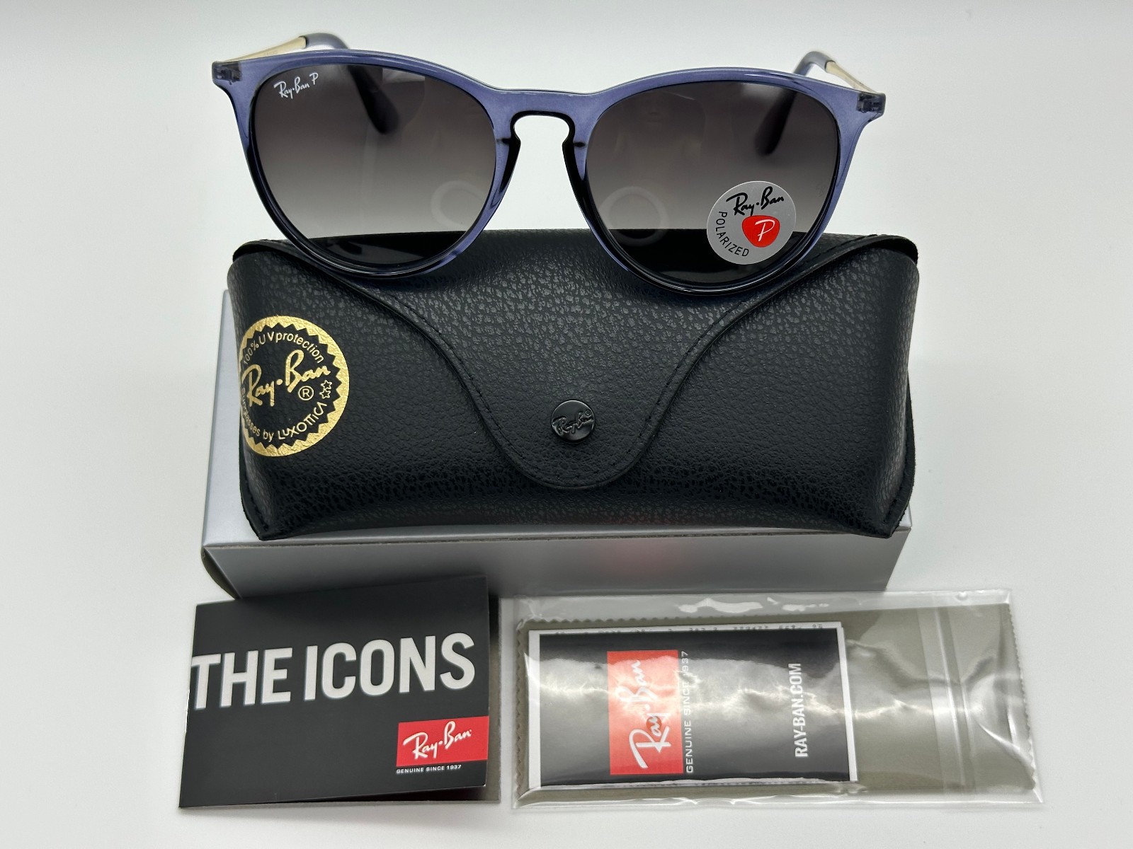 Ray-Ban Erika Classic RB4171 Round Sunglasses – Transparent Blue/ Polarized Grey