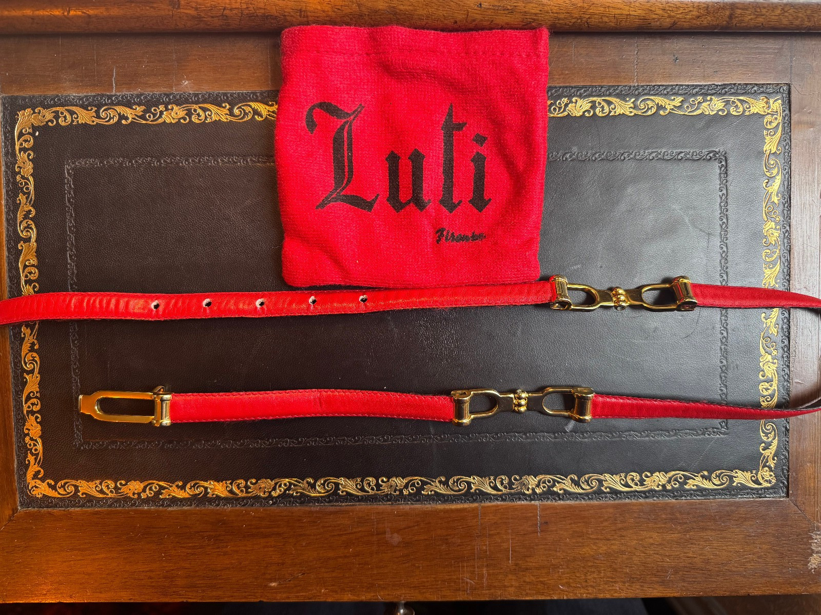 Vintage Italian Designer Red Leather waist belt, brass buckle, links XS-S