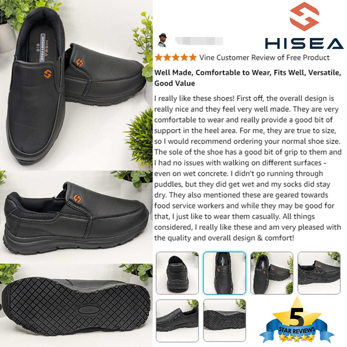 HISEA Men Work Shoes Non Slip Waterproof Food Service Safety Shoes Slip-On Shoes