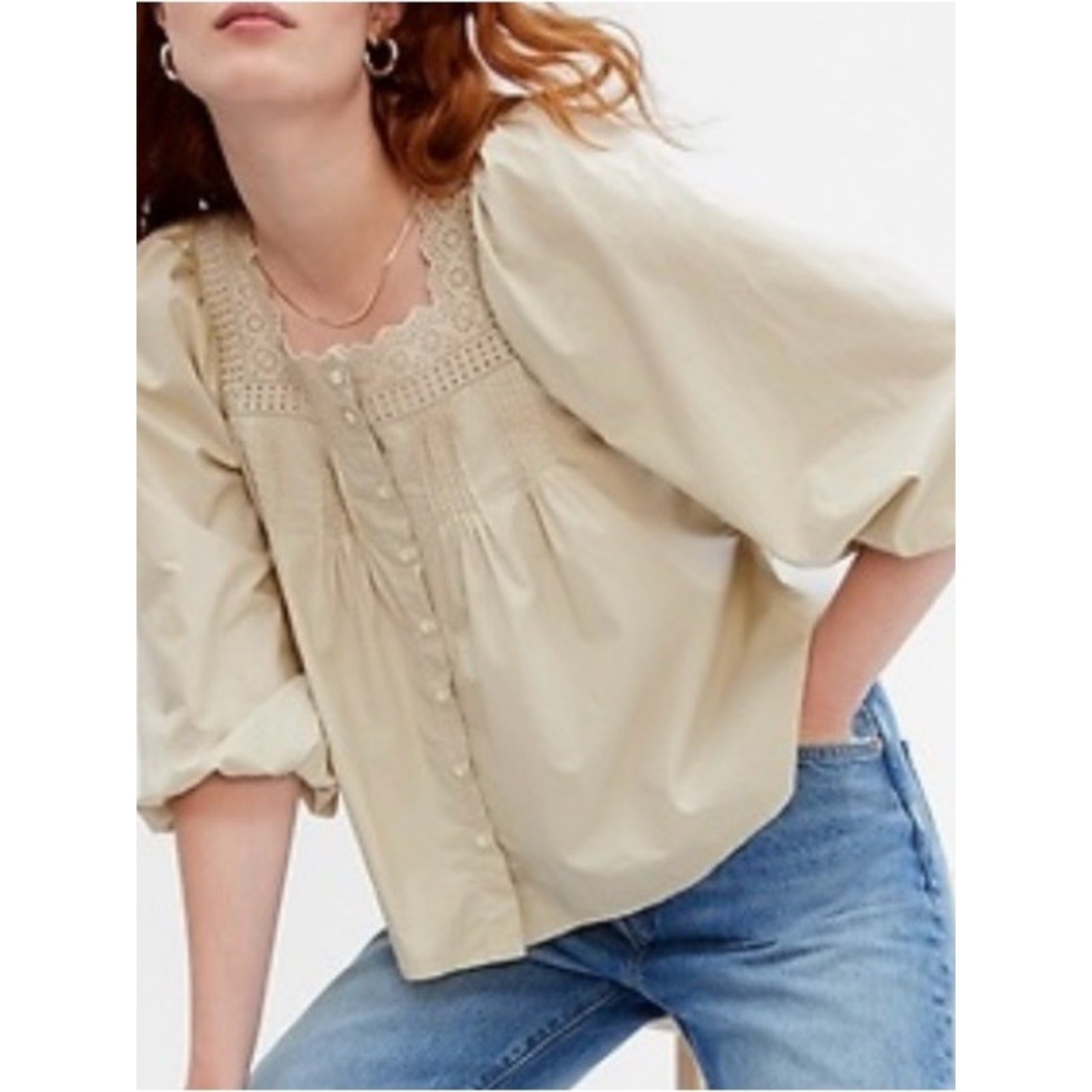 GAP Moonstone Tan Pintuck Eyelet Blouse Puff Sleeve Cotton Poplin Sz L