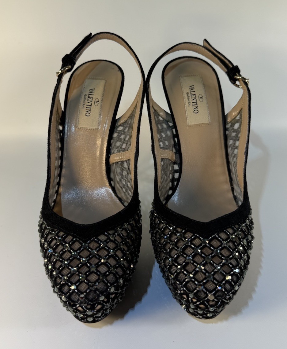Valentino Garavani Lattice Crystal Mesh Slingback Platform Pumps Size 37.5