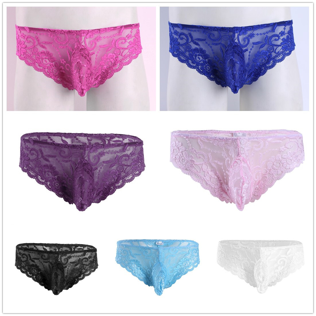 Mens Low Rise Bulge Pouch Briefs Underwear Sissy Sheer Lace Floral Lace Panties