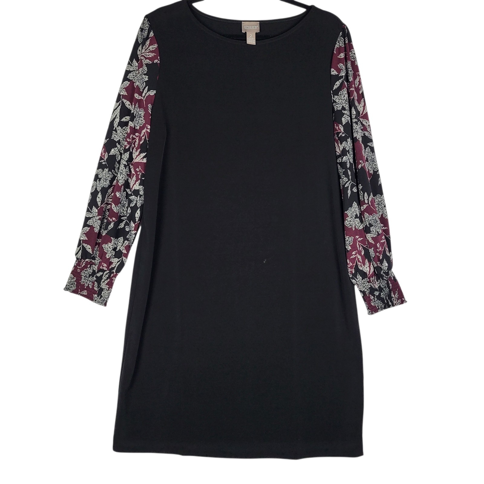 Chicos Dress Slinky Knit Women’s Large Black Purple Balloon Sleeves Office