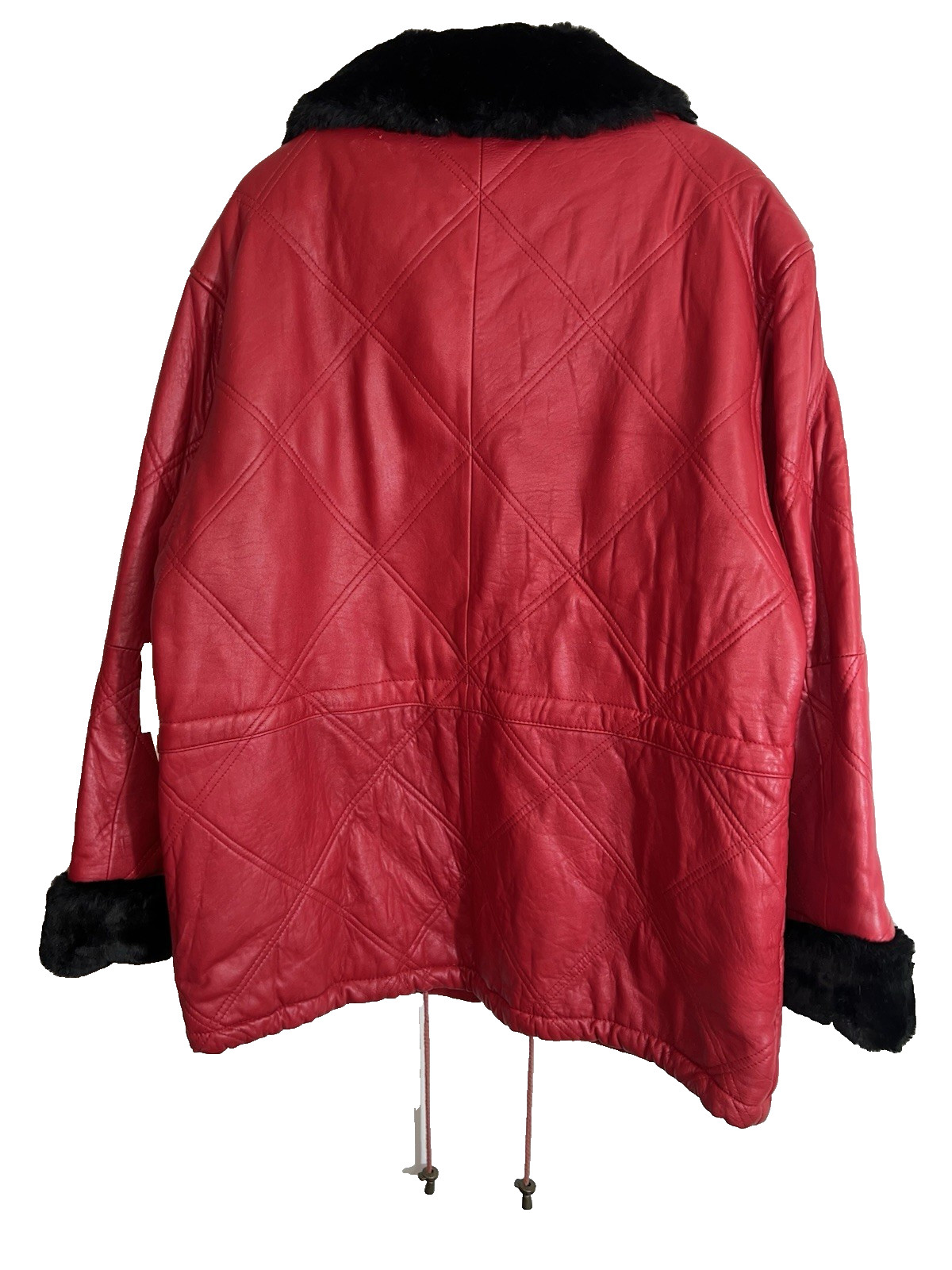 NWT Jacqueline Ferrar Red Quilted Leather Coat Jacket Black Fur Trim Womens L