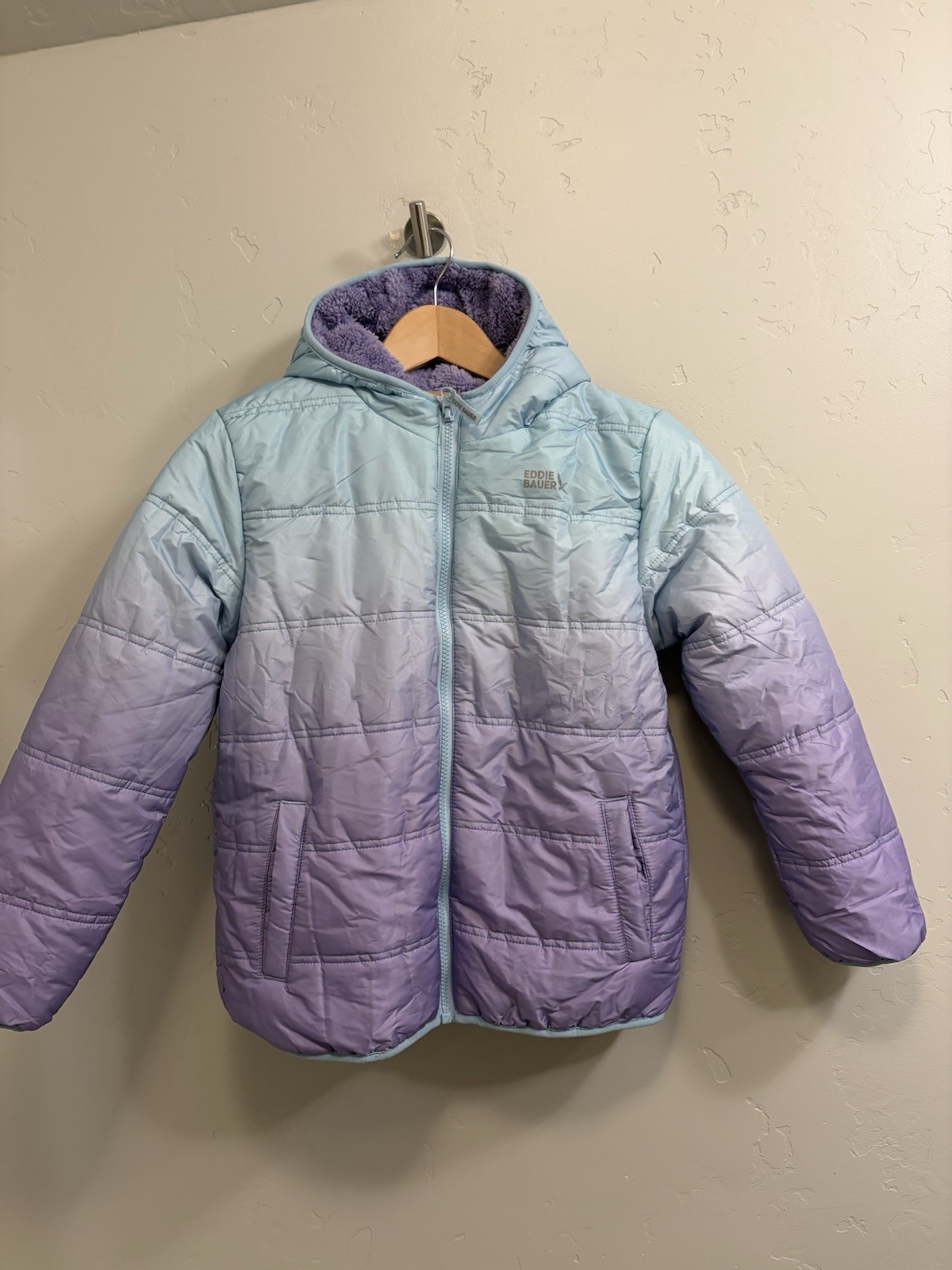 Eddie Bauer NWT Girls Reversible Hooded Jacket, Teal/Purple Ombré, Size XS 5/6