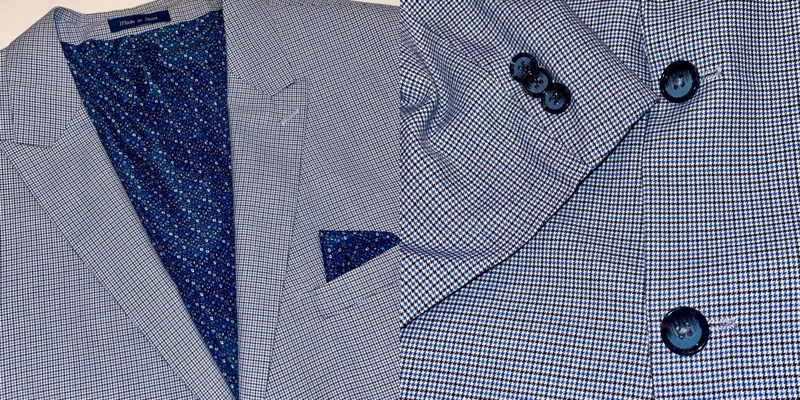 Alan Flusser Blue Check Floral Liner PolyBlend Mens•48R SportsCoat Jacket Blazer