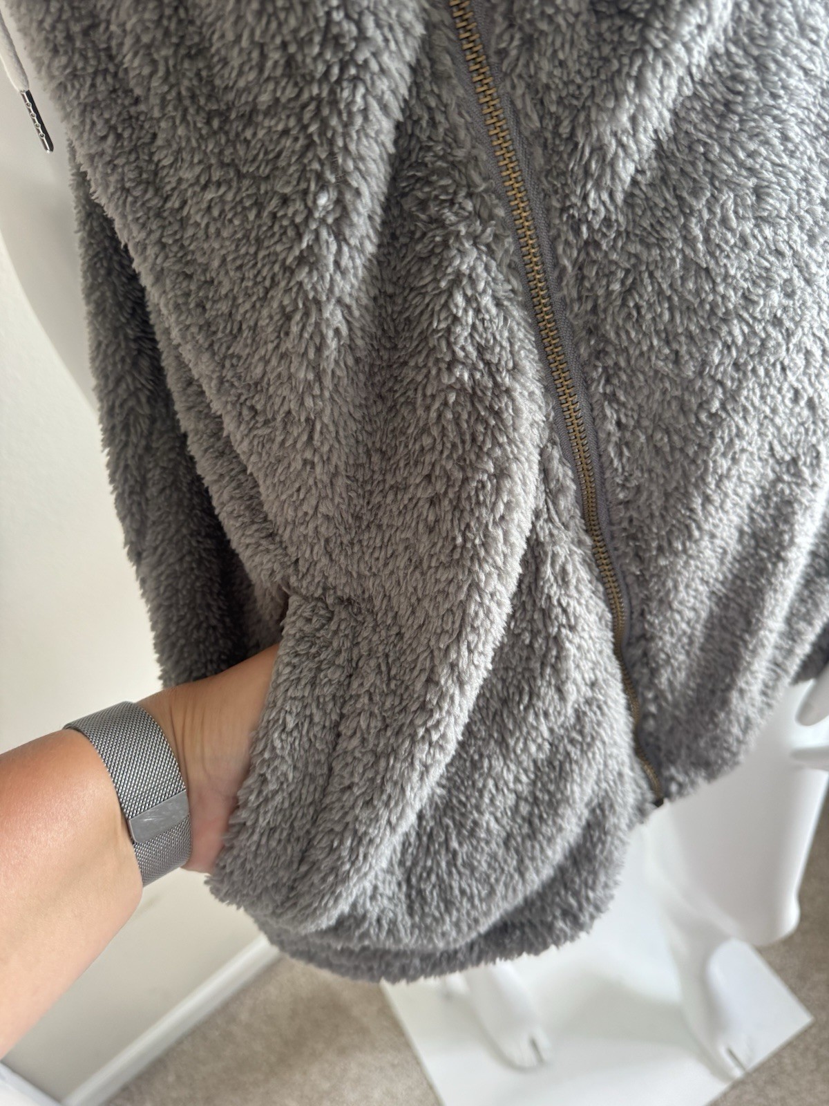 Gray Sherpa Hooded Asymmetric Zip Vest