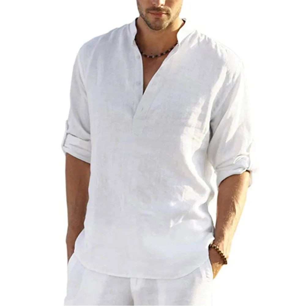Men’s Cotton Linen Shirt Stand Collar Long Sleeve Casual Pullover Top