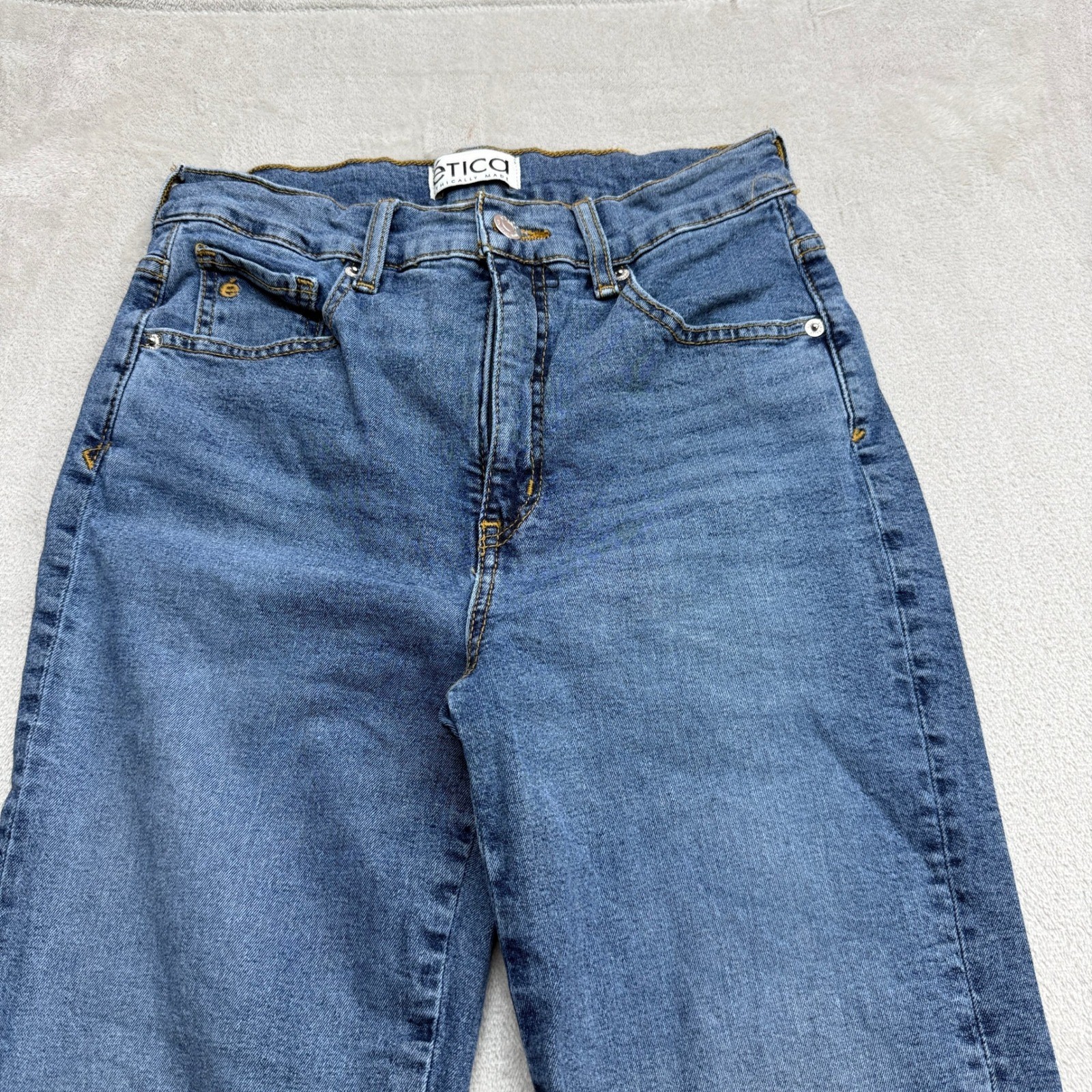 Etica Wide Leg Jeans Womens 26 Blue High Rise Raw Hem Retro 70s Flare Boho Denim