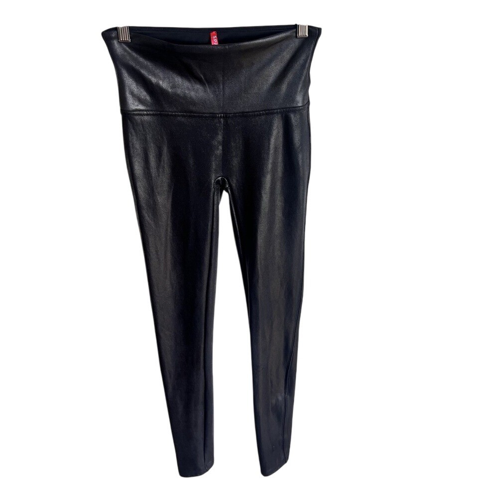 Spanx Faux Leather Leggings Sz Medium Black Shiny Shaping Nylon Pants