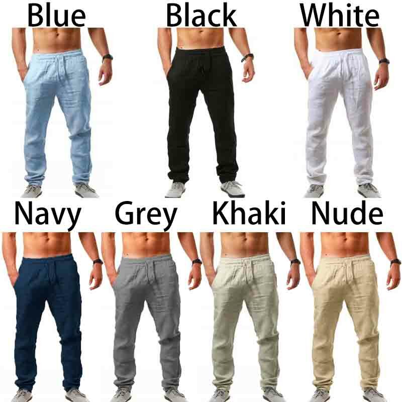 Mens Summer Linen Loose Trousers Casual Travel Beach Rope Tie Drawstring Pants