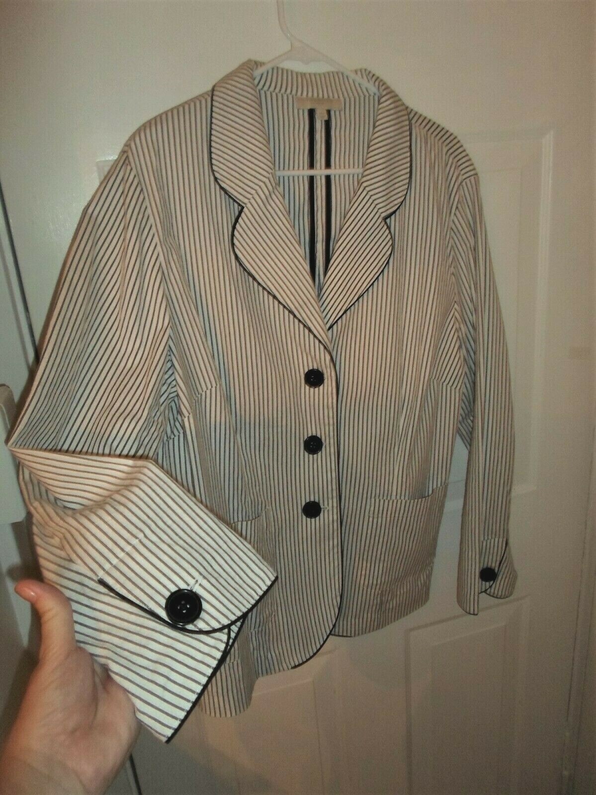 TALBOTS Sz 14W Cotton Spandex LS Gray & White Striped JACKET BLAZER 3-Button