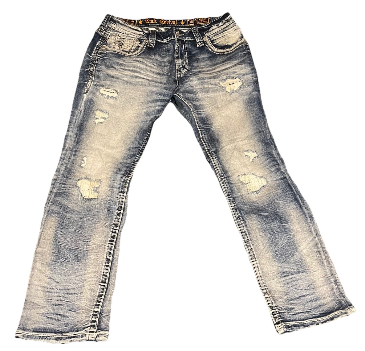 Rock Revival Jeans Mens 36 Blue Ethan Relaxed Taper Thrashed Denim Pants