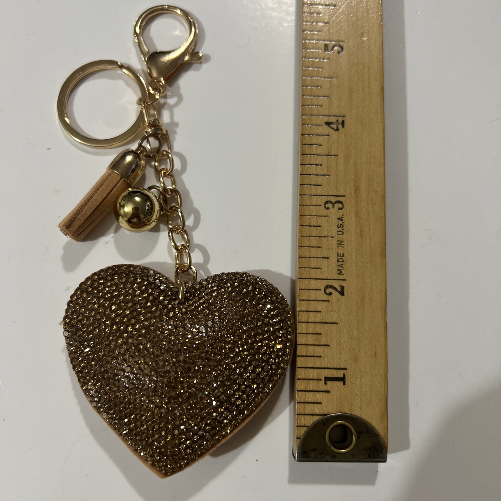 Rhinestones Heart Keychain Tassel Gold Tone