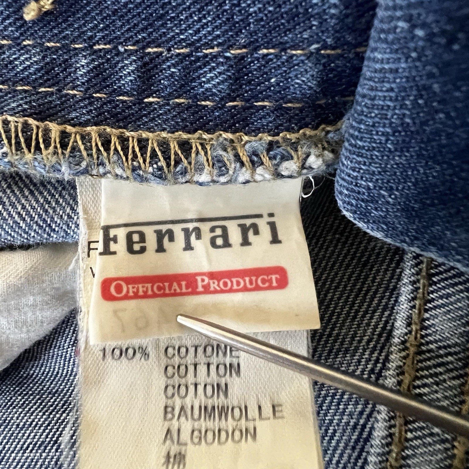 VTG Ferrari Button Fly Blue Denim Jeans Leather Logo Italian Men’s 33×30.5 IT 50