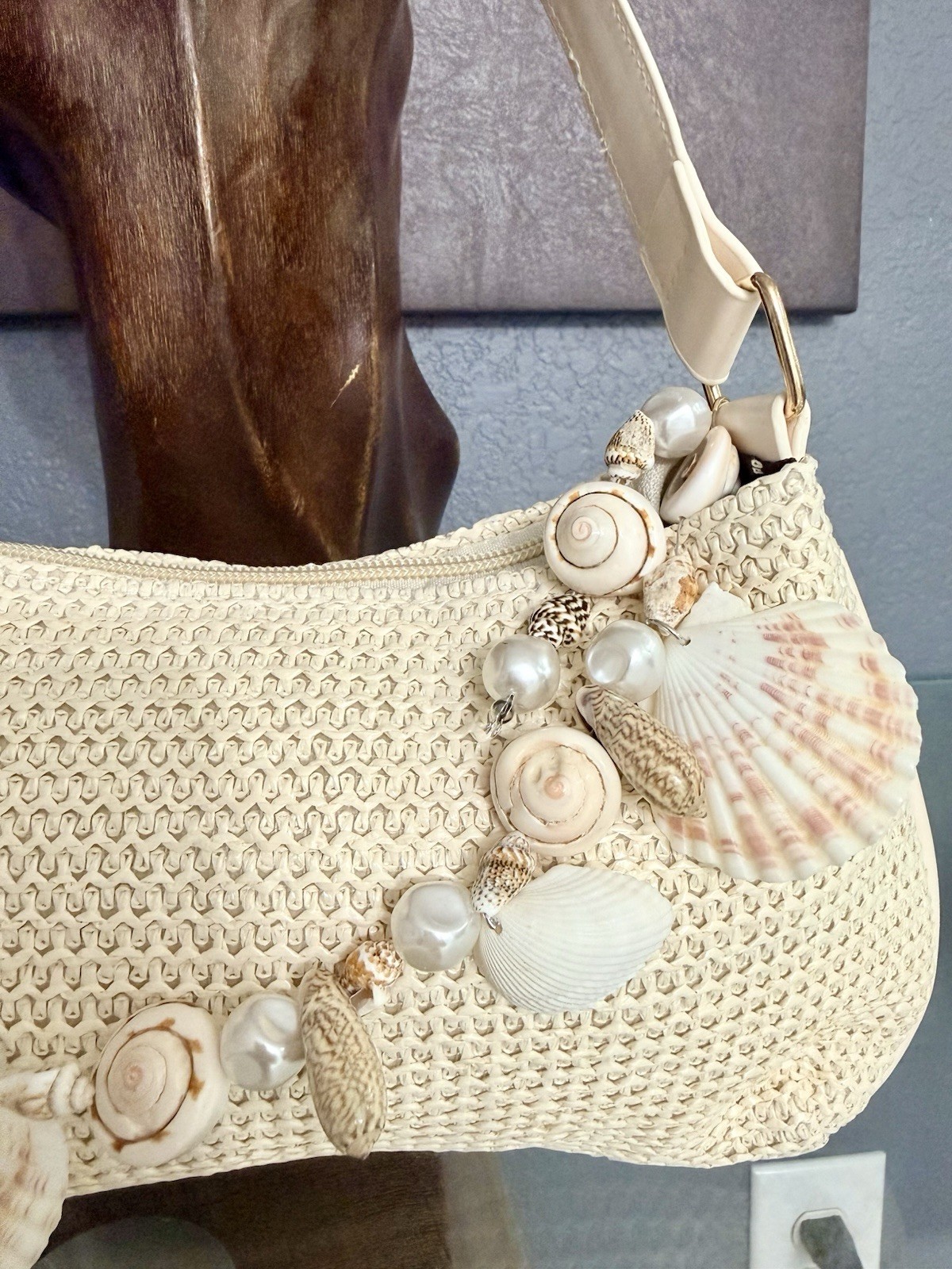 Woven Straw Inspired Crescent Shoulder Bag with Shell Pearl Starfish Accents