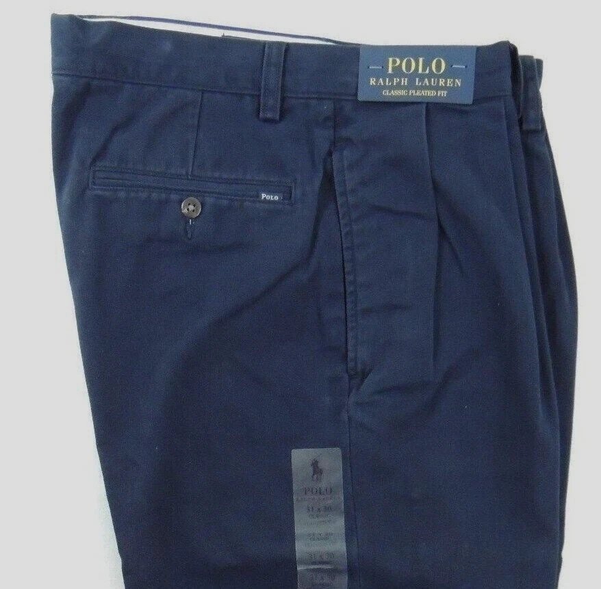 Men Polo Ralph Lauren Logo Chino Classic Fit Pleated Golf Work Pants Navy 32 34